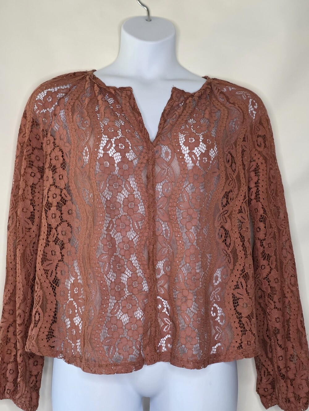 Brown Floral Lace Sheer Long Sleeve Top Size L Relaxed Fit Shirt Blouse Coquette